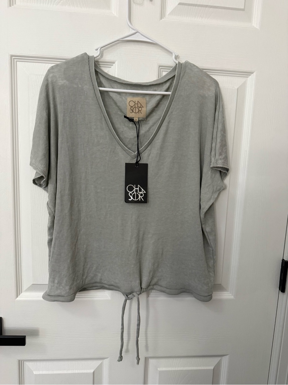 Chaser Sage Gray V-Neck Drawstring Short Sleeve Top